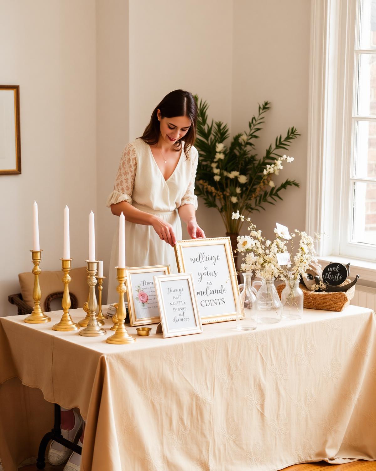 A seller arranging her table of wedding décor