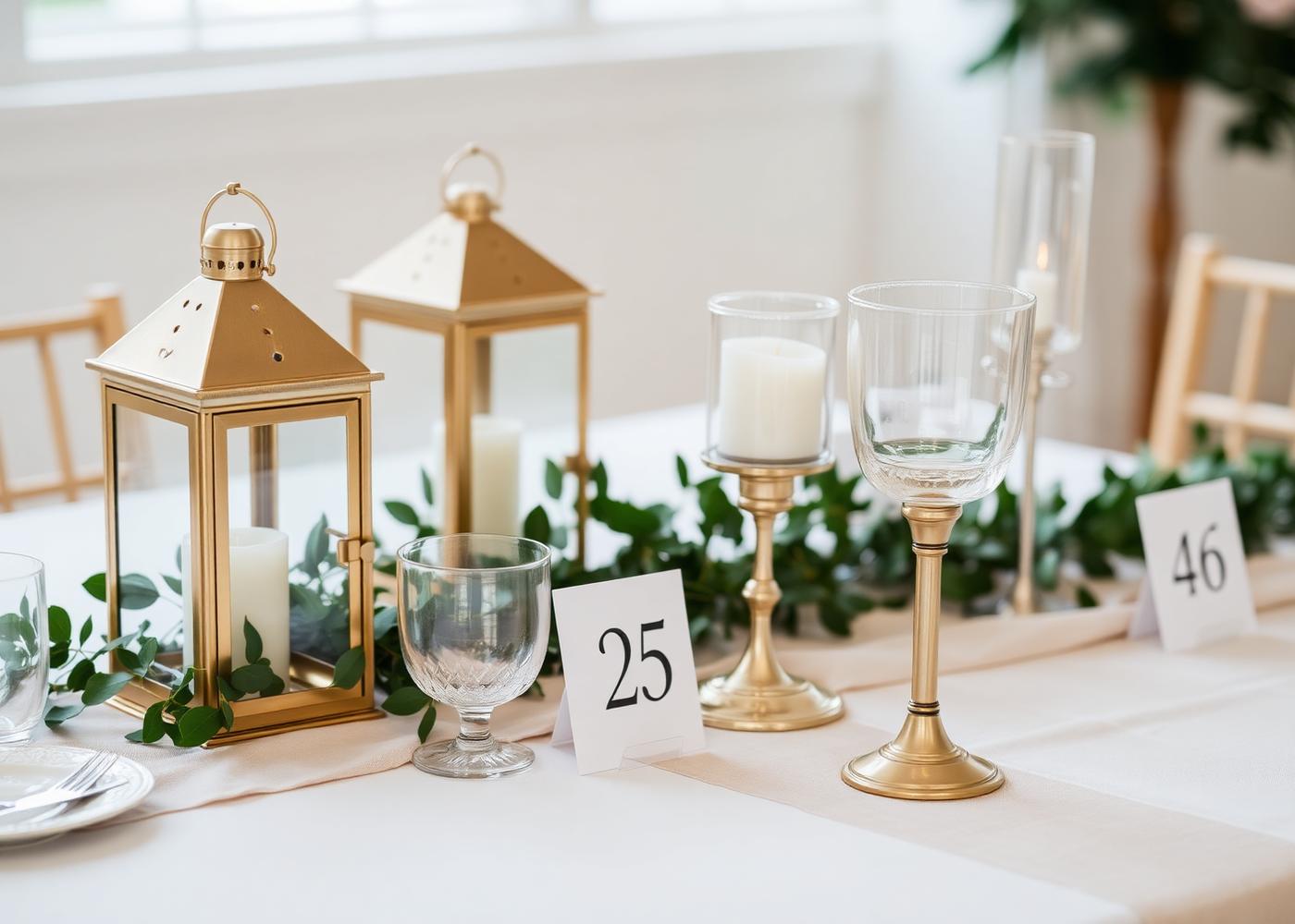 Gold lanterns and glass candle holders on a wedding table