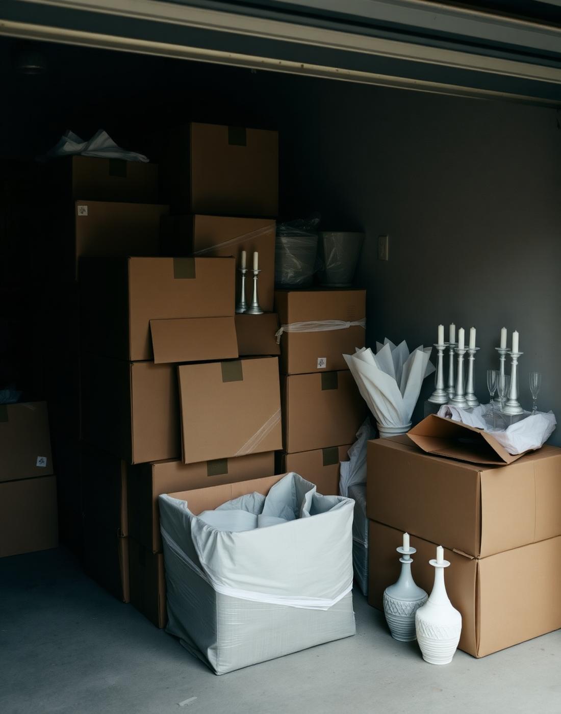 Boxes of packed wedding décor stored in a garage