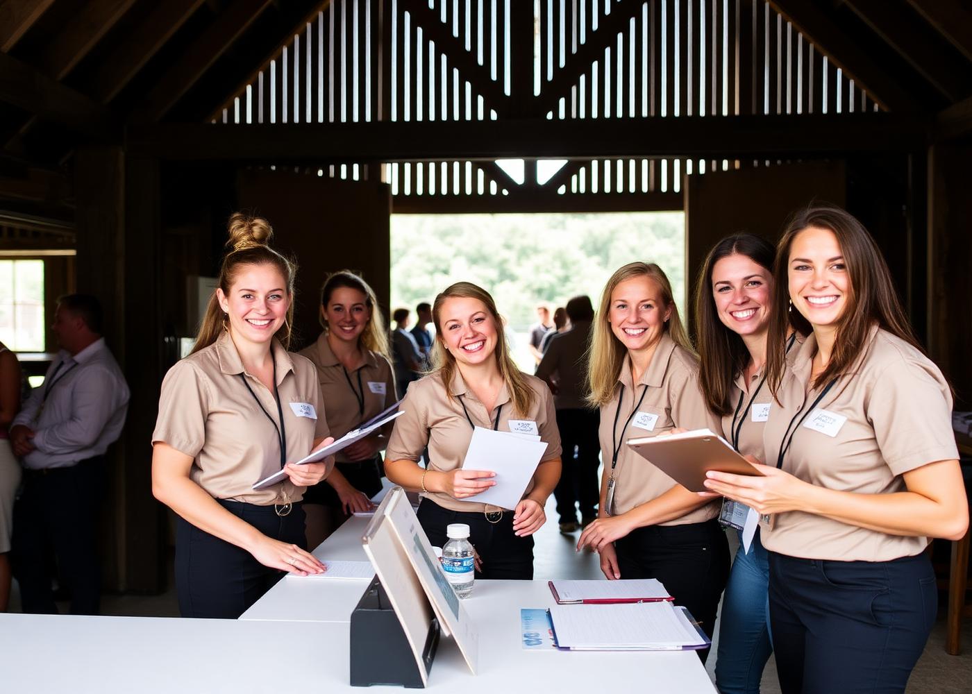 Volunteer team welcoming guests at an event check-in table